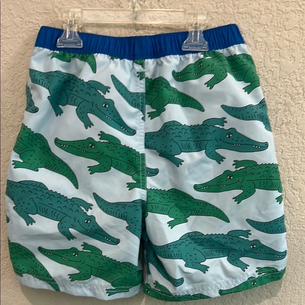 Mini BodenKids Swim Trunks with Green Alligator Print 8-9y